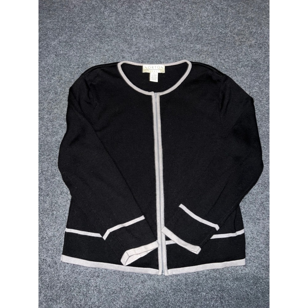 Vintage 90s Norton McNaughton Cardigan Black Gray Zip Up Sweater Large Rayon